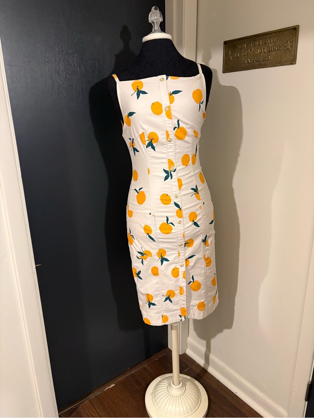 Anthropologie Maeve Cream Midi Button Front Dress with Orange Fruit Print 💜